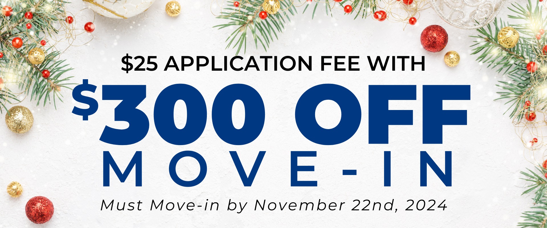 $25.00 Application Fee with $300.00 OFF Move-in. Must Move-in by November 22nd, 2024.